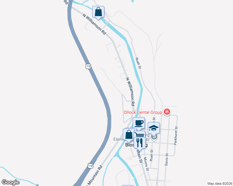 map of restaurants, bars, coffee shops, grocery stores, and more near 131 Maple Hill Road in Blossburg