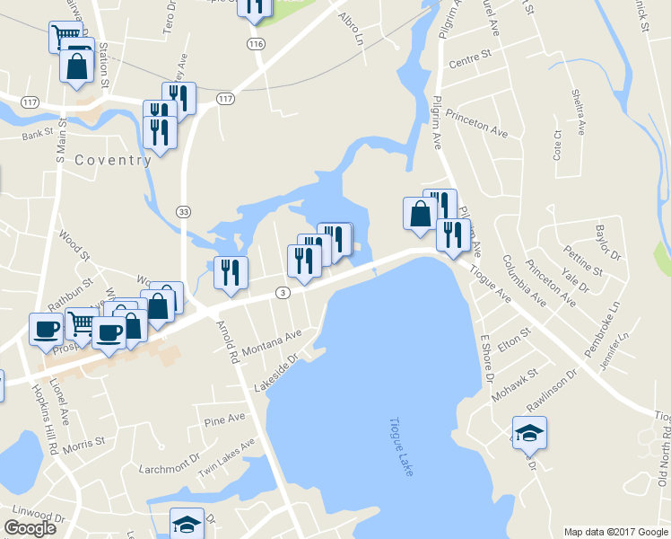 map of restaurants, bars, coffee shops, grocery stores, and more near 577 Tiogue Avenue in Coventry