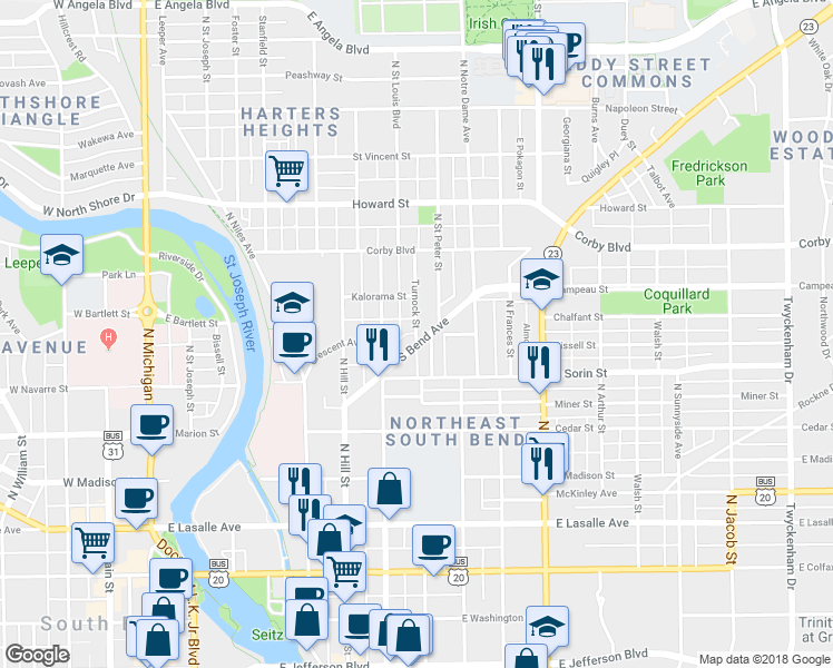 map of restaurants, bars, coffee shops, grocery stores, and more near 733 Turnock Street in South Bend