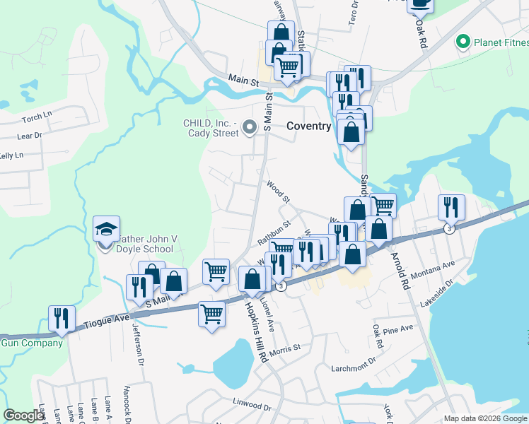 map of restaurants, bars, coffee shops, grocery stores, and more near 14 Woburn Street in Coventry