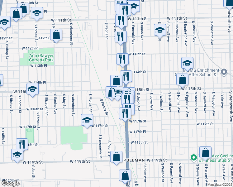 map of restaurants, bars, coffee shops, grocery stores, and more near 833 West 115th Street in Chicago