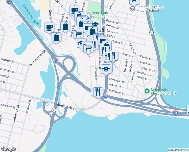 map of restaurants, bars, coffee shops, grocery stores, and more near 180 Pitman Street in Fall River