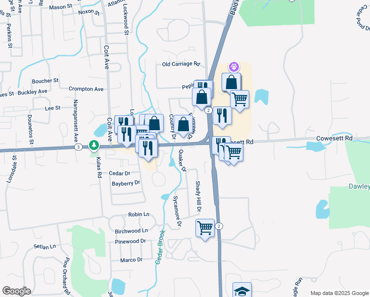map of restaurants, bars, coffee shops, grocery stores, and more near 1 Country Drive in West Warwick