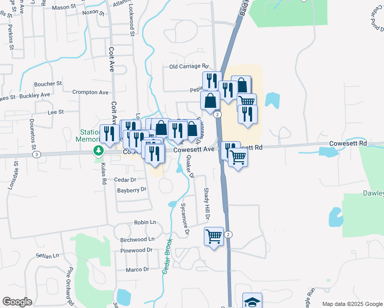 map of restaurants, bars, coffee shops, grocery stores, and more near 1 Country Drive in West Warwick