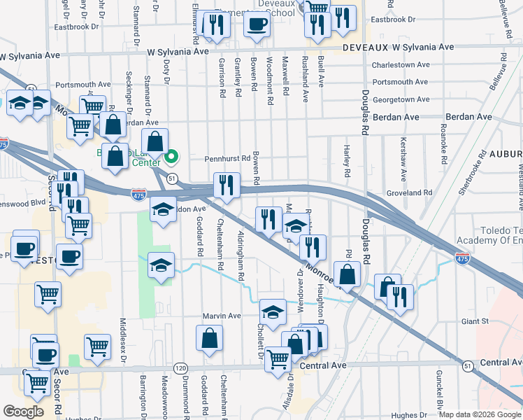map of restaurants, bars, coffee shops, grocery stores, and more near 3541 Woodmont Road in Toledo
