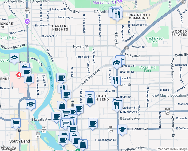map of restaurants, bars, coffee shops, grocery stores, and more near 753 South Bend Avenue in South Bend