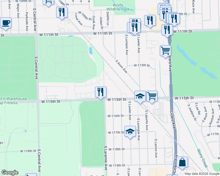 map of restaurants, bars, coffee shops, grocery stores, and more near 11418 Mather Avenue in Alsip