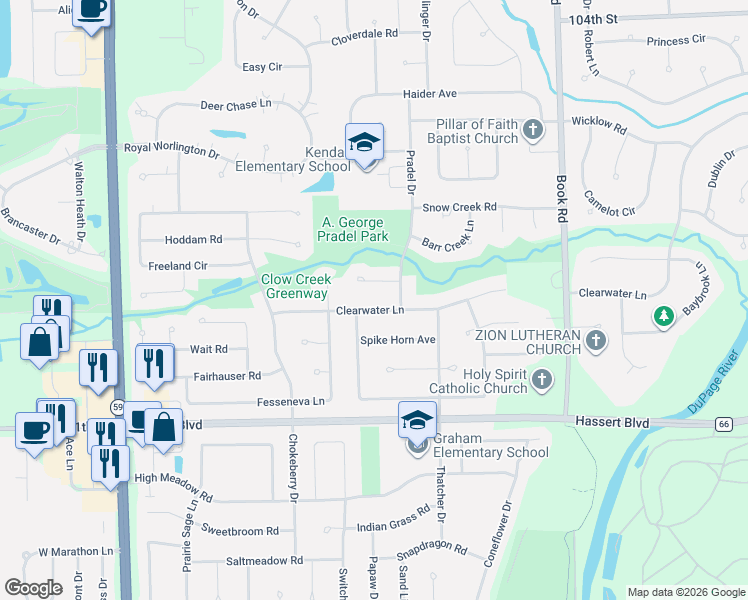 map of restaurants, bars, coffee shops, grocery stores, and more near 2320 Flat Rock Court in Naperville