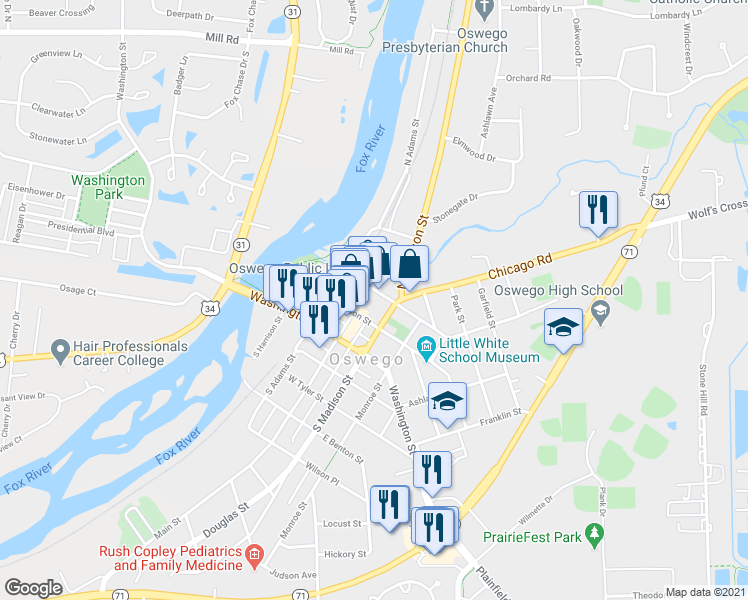 map of restaurants, bars, coffee shops, grocery stores, and more near 5 Main Street in Oswego