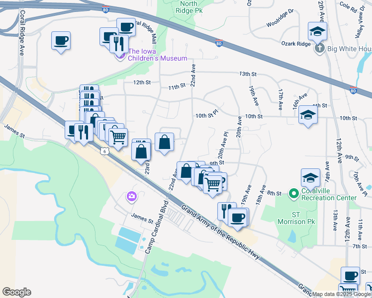 map of restaurants, bars, coffee shops, grocery stores, and more near in Coralville
