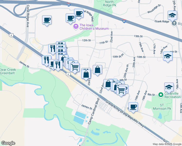 map of restaurants, bars, coffee shops, grocery stores, and more near 922 23rd Avenue in Coralville