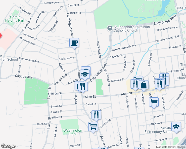 map of restaurants, bars, coffee shops, grocery stores, and more near 103 Worthington Street in New Britain