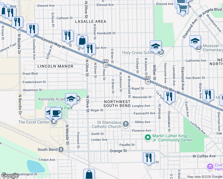 map of restaurants, bars, coffee shops, grocery stores, and more near 727 O Brien Street in South Bend