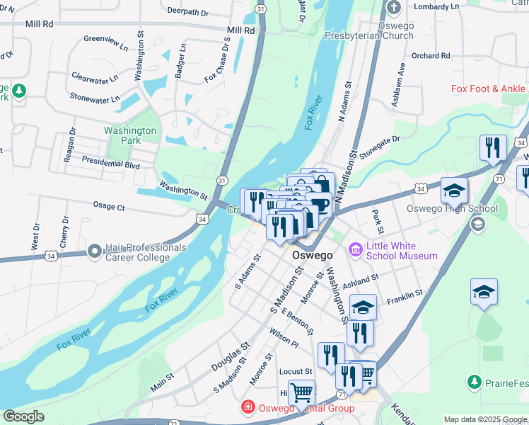 map of restaurants, bars, coffee shops, grocery stores, and more near 77 South Adams Street in Oswego