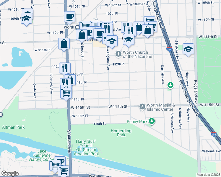 map of restaurants, bars, coffee shops, grocery stores, and more near in Worth