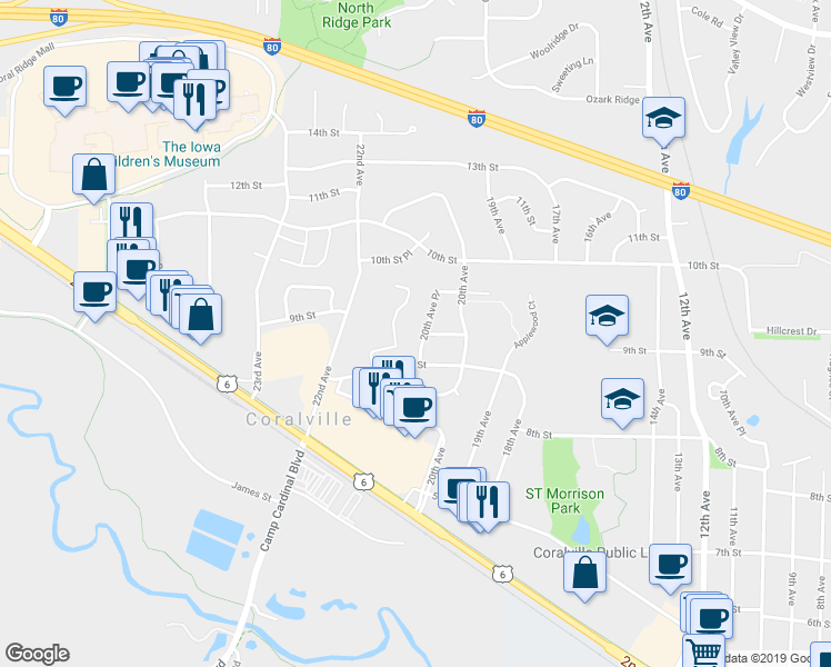 map of restaurants, bars, coffee shops, grocery stores, and more near 906 20th Avenue Place in Coralville