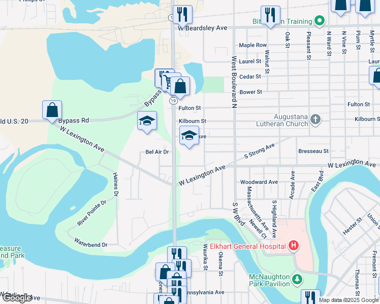 map of restaurants, bars, coffee shops, grocery stores, and more near 1735 Strong Avenue in Elkhart