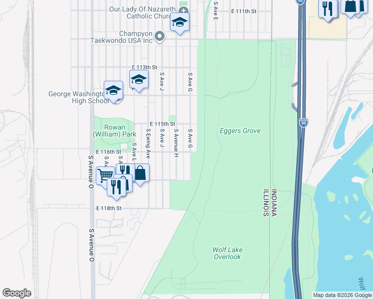 map of restaurants, bars, coffee shops, grocery stores, and more near 11558 South Avenue G in Chicago