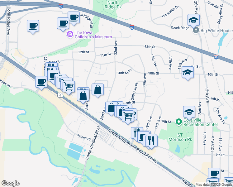 map of restaurants, bars, coffee shops, grocery stores, and more near 1104 21st Avenue Place in Coralville