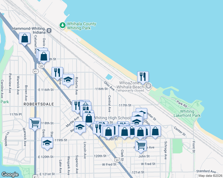 map of restaurants, bars, coffee shops, grocery stores, and more near 1544 Central Avenue in Whiting