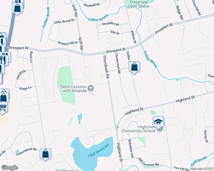 map of restaurants, bars, coffee shops, grocery stores, and more near 6 Baneberry Lane in Wethersfield