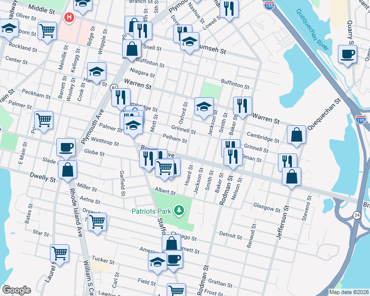 map of restaurants, bars, coffee shops, grocery stores, and more near 223 Lapham Street in Fall River