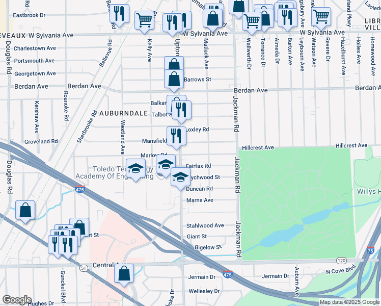 map of restaurants, bars, coffee shops, grocery stores, and more near 3514 Upton Avenue in Toledo