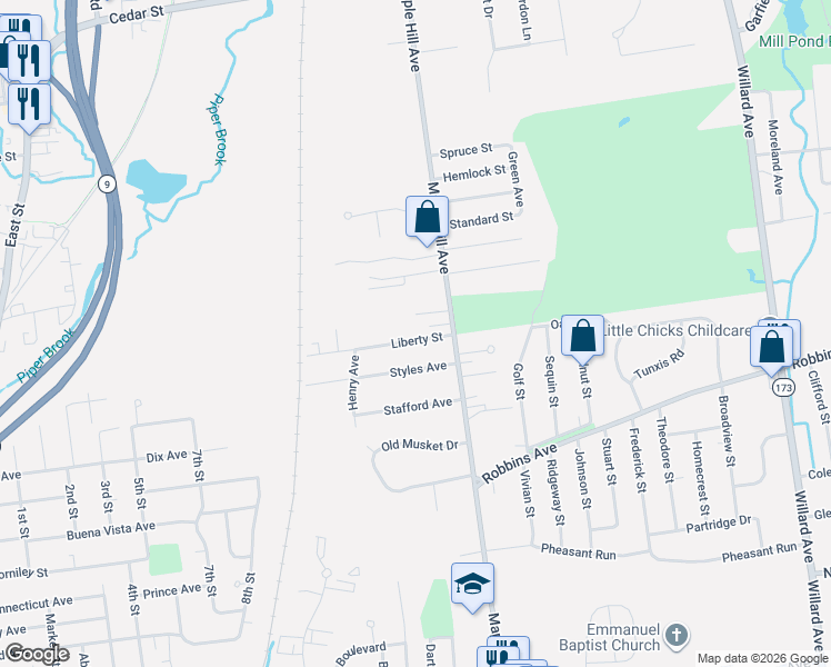 map of restaurants, bars, coffee shops, grocery stores, and more near 30 Liberty Street in Newington