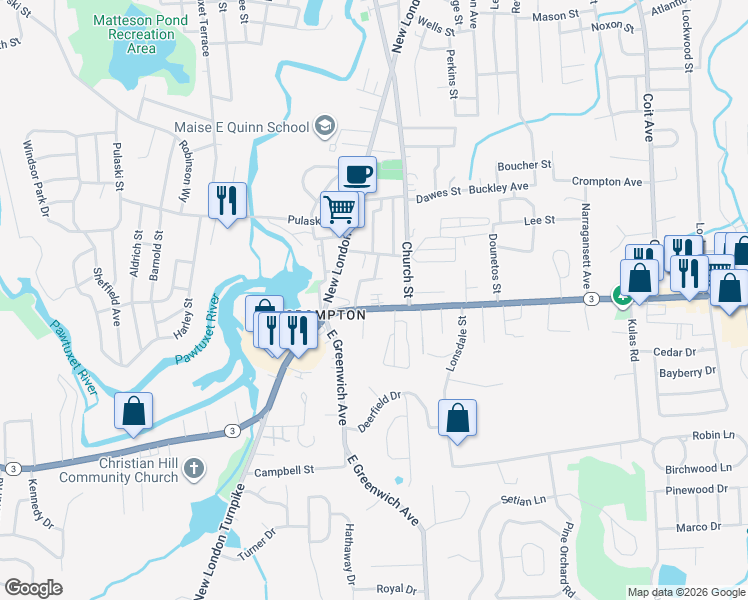 map of restaurants, bars, coffee shops, grocery stores, and more near 20 Spring Street in West Warwick