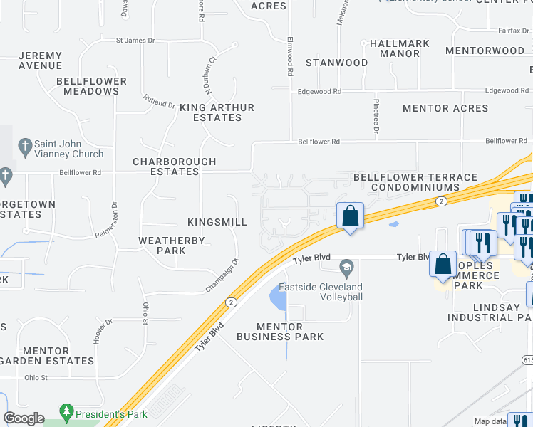 map of restaurants, bars, coffee shops, grocery stores, and more near 6853 Colonial Drive in Mentor