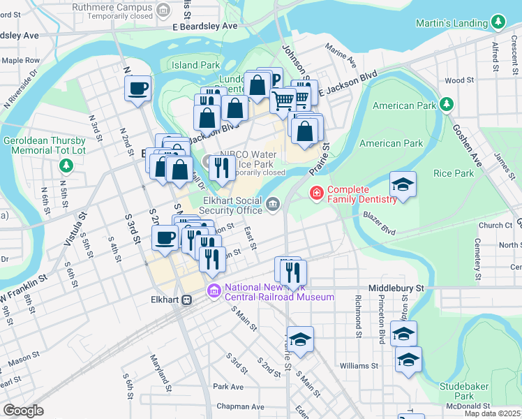 map of restaurants, bars, coffee shops, grocery stores, and more near 202 Waterfall Drive in Elkhart