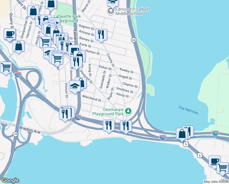 map of restaurants, bars, coffee shops, grocery stores, and more near 27 Roper Street in Fall River