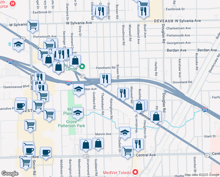 map of restaurants, bars, coffee shops, grocery stores, and more near 3555 Grantley Road in Toledo