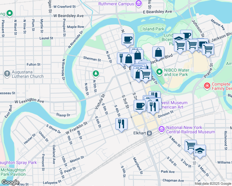 map of restaurants, bars, coffee shops, grocery stores, and more near 325 West Lexington Avenue in Elkhart
