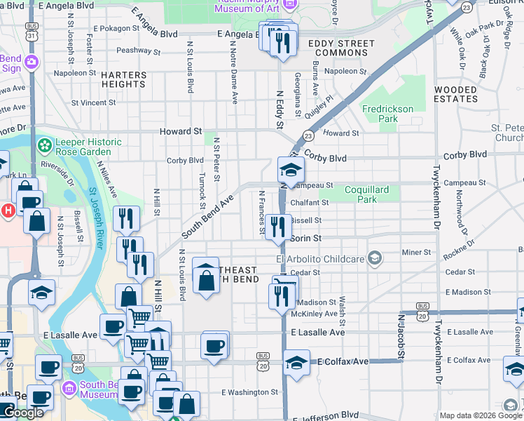 map of restaurants, bars, coffee shops, grocery stores, and more near 724 North Frances Street in South Bend