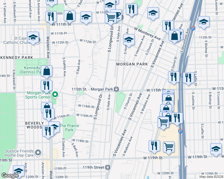 map of restaurants, bars, coffee shops, grocery stores, and more near 11446 South Hale Avenue in Chicago