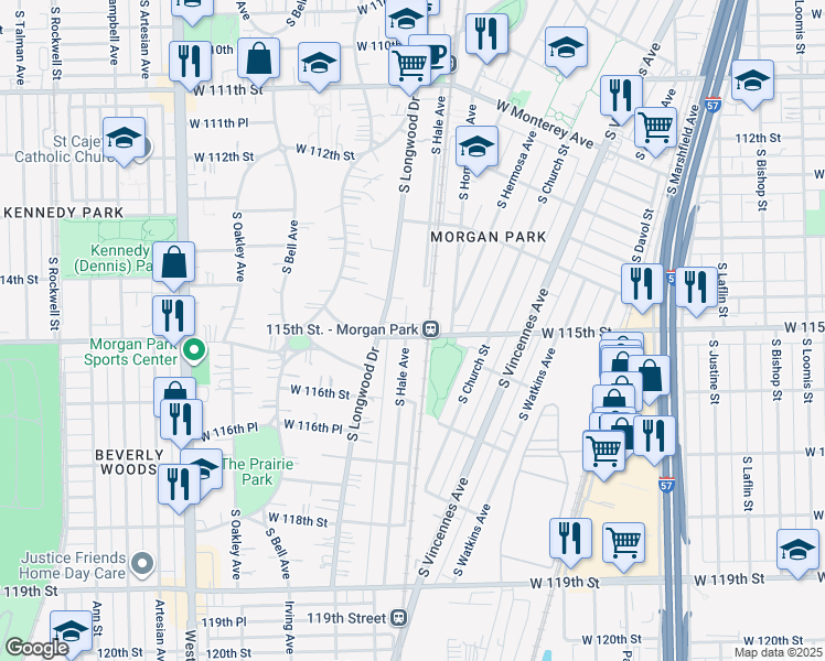 map of restaurants, bars, coffee shops, grocery stores, and more near 11446 South Hale Avenue in Chicago