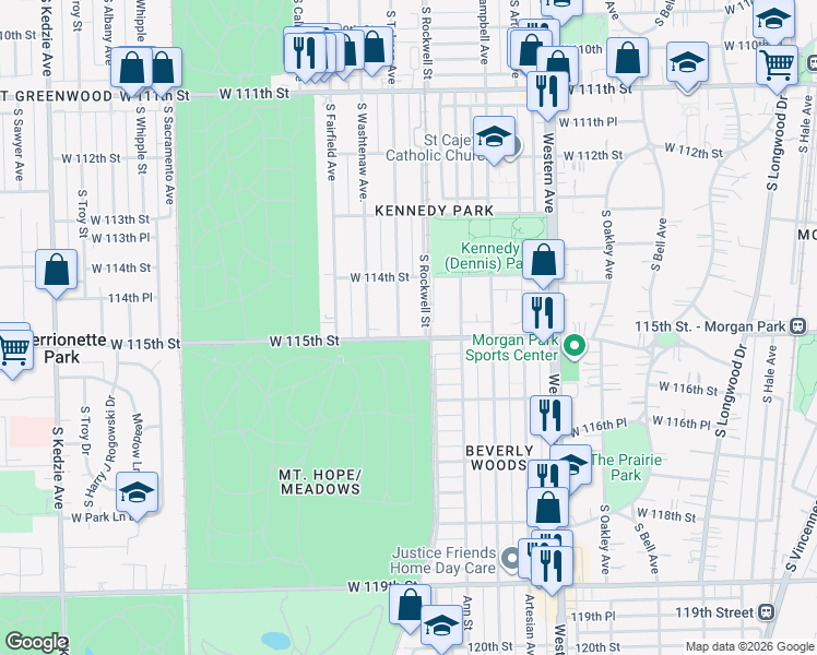map of restaurants, bars, coffee shops, grocery stores, and more near 11443 South Talman Avenue in Chicago