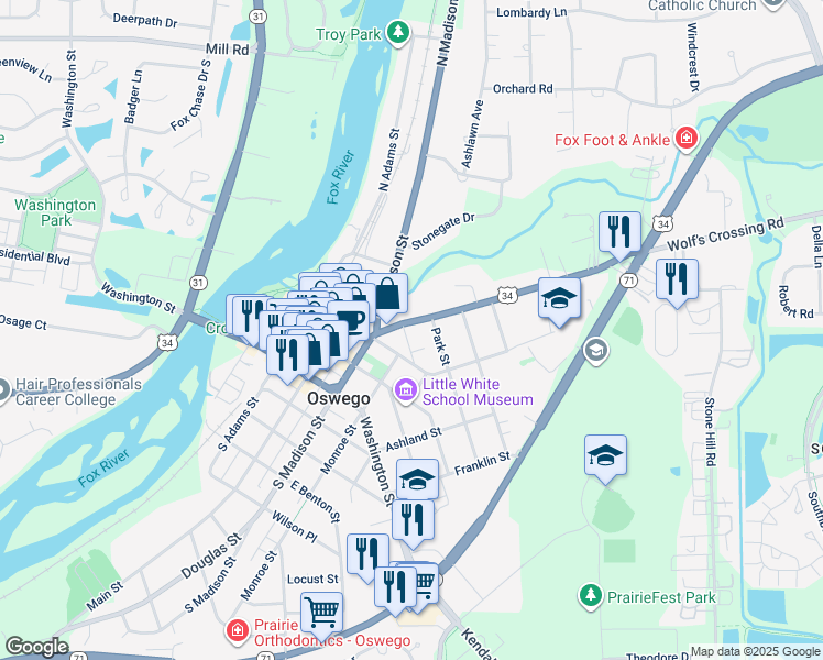 map of restaurants, bars, coffee shops, grocery stores, and more near 117 Chicago Road in Oswego