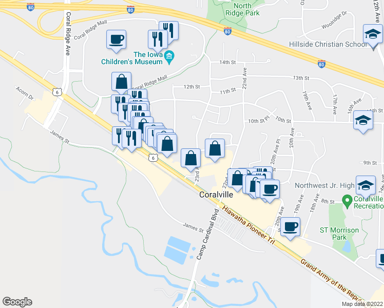 map of restaurants, bars, coffee shops, grocery stores, and more near 922 23rd Avenue in Coralville