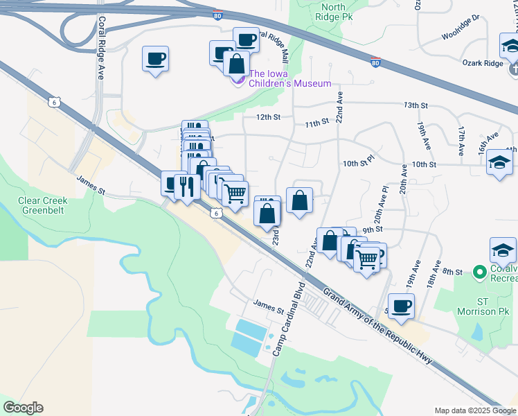 map of restaurants, bars, coffee shops, grocery stores, and more near 937 Boston Way in Coralville