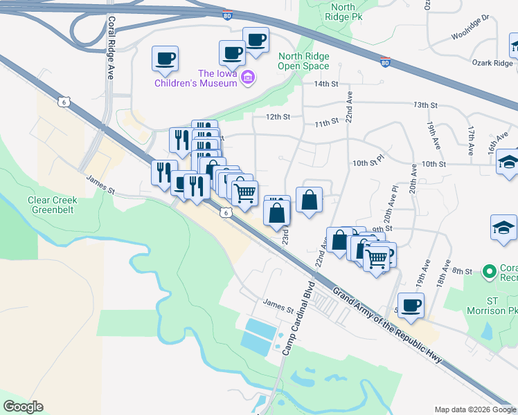 map of restaurants, bars, coffee shops, grocery stores, and more near 937 Boston Way in Coralville