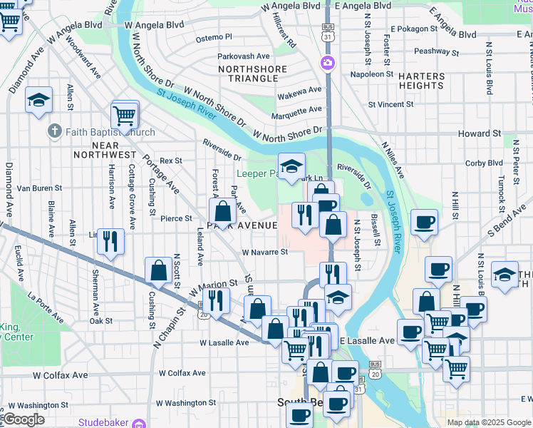 map of restaurants, bars, coffee shops, grocery stores, and more near 311 Lamonte Terrace in South Bend