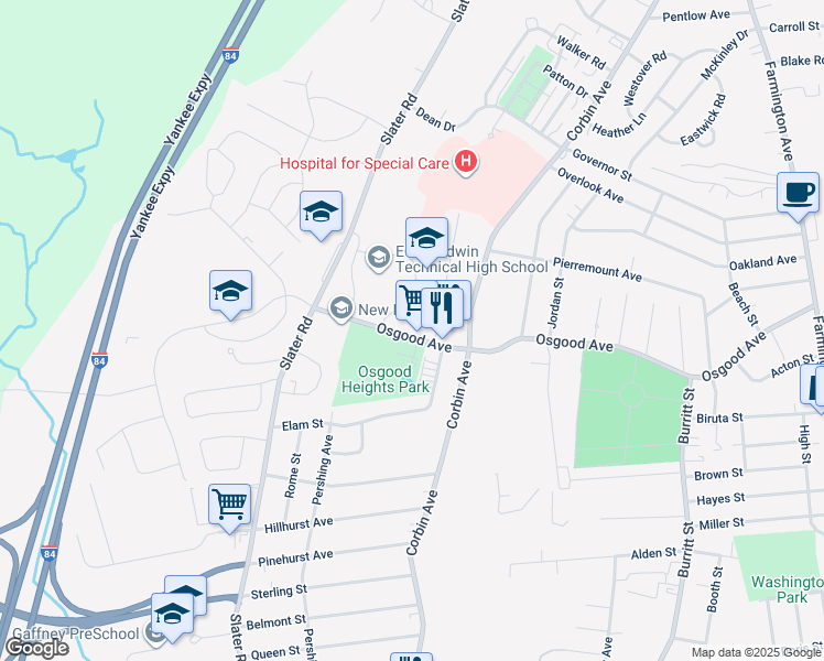 map of restaurants, bars, coffee shops, grocery stores, and more near 469 Osgood Avenue in New Britain