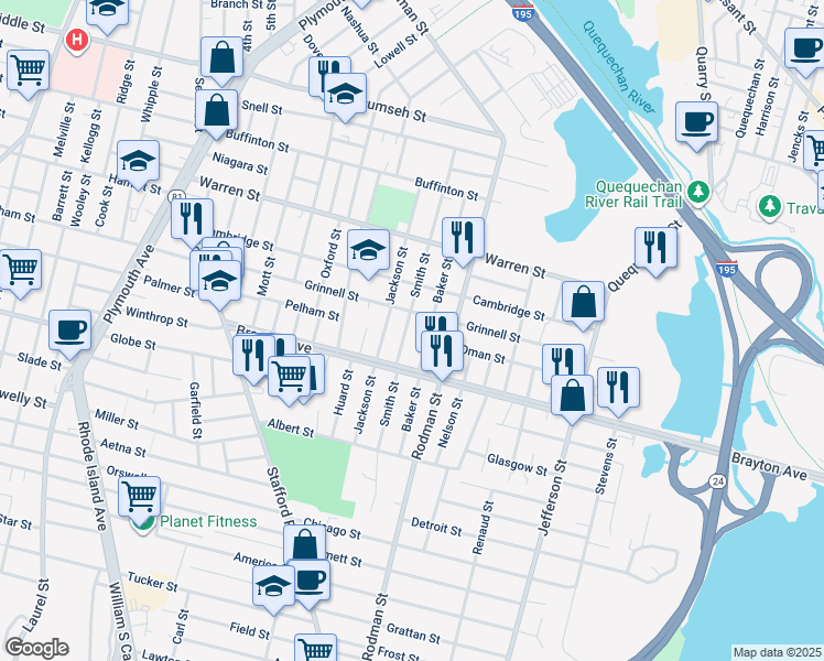 map of restaurants, bars, coffee shops, grocery stores, and more near 298 Smith St in Fall River