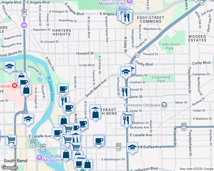 map of restaurants, bars, coffee shops, grocery stores, and more near 719 North Notre Dame Avenue in South Bend