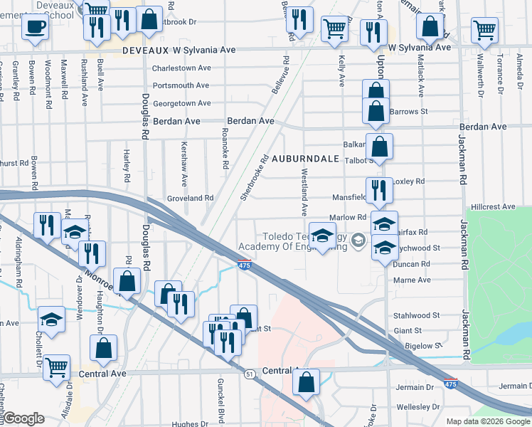 map of restaurants, bars, coffee shops, grocery stores, and more near 2160 Marlow Rd in Toledo