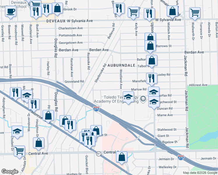 map of restaurants, bars, coffee shops, grocery stores, and more near 2160 Marlow Road in Toledo