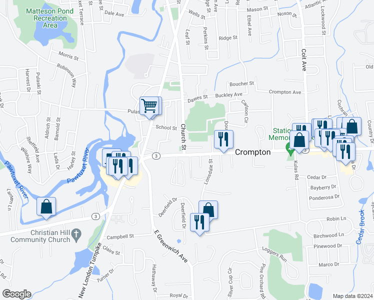 map of restaurants, bars, coffee shops, grocery stores, and more near 90 Church St in West Warwick
