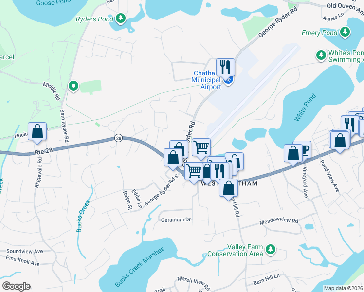 map of restaurants, bars, coffee shops, grocery stores, and more near 63 George Ryder Road in Chatham